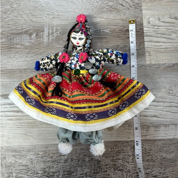 Handmade Fabric Folk Doll with Sequin Trim + Colorful Traditional Dress - Picture 5 of 6